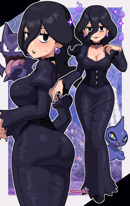5_fingers ambiguous_gender big_breasts black_clothing black_dress black_eyes black_hair bodily_fluids breasts clothed clothed_female clothed_human clothing dress ear_piercing eyebrows eyelashes female female_focus feral fingers group hair human_focus jewelry long_hair looking_at_viewer necklace not_furry_focus open_mouth open_smile piercing purple_ear_piercing smile sweat sweatdrop tongue tongue_out trio sarukaiwolf nintendo pokemon pokemon_legends_z-a hex_maniac generation_1_pokemon generation_3_pokemon haunter human mammal pokemon_(species) shuppet 2025 absurd_res alternate_version_at_paywall hi_res signature