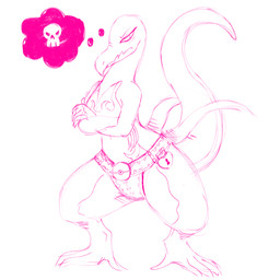 ambiguous_gender angry anthro bone chastity_belt chastity_device crossed_arms lock simple_background skull solo thought_bubble white_background yonic_chastity_device unknown_artist nintendo pokemon generation_7_pokemon pokemon_(species) salazzle scalie 1:1 2019 hi_res line_art monochrome pink_and_white sketch