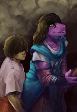 ambiguous_gender anthro bridge_to_terabithia duo female male daria_leleka deltarune undertale_(series) kris_dreemurr susie_(deltarune) ambiguous_species dinosaur human humanoid mammal monster prehistoric_species reptile scalie