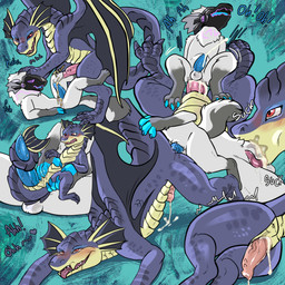 abdominal_bulge anal anal_penetration anthro black_body black_fur blue_claws blue_penis bodily_fluids claws cloacal cloacal_penetration cloacal_penis cum cum_in_ass cum_inside cum_while_penetrated duo erection feral fur genital_fluids genitals machine male male/male male_penetrated male_penetrating male_penetrating_male oral oral_penetration penetration penis pink_penis sex size_difference urine versatile watersports white_body white_fur prince-vulpine mythology dragon mythological_creature mythological_scalie protogen scalie 1:1 hi_res