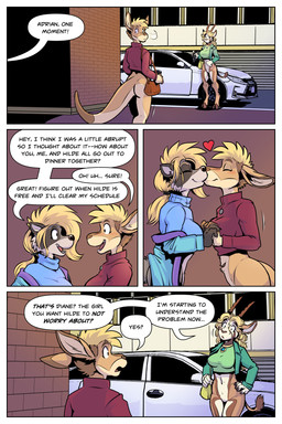 anthro blonde_hair blush brown_body brown_fur car clothing cloven_hooves dialogue eyebrows eyes_closed featureless_crotch female female/female fur grey_body grey_fur group hair hand_holding hand_on_hip hand_on_own_hip heart_symbol hooves interlocked_fingers interspecies jacket kissing looking_back multicolored_body multicolored_fur open_mouth outside purse short_hair speech_bubble standing sweater tail tan_body tan_fur teeth tongue topwear trio vehicle white_body white_fur conditional_dnp jonas rick_griffin adrian_gray janice_(ah_club) antelope bovid kangaroo macropod mammal marsupial procyonid raccoon comic hi_res