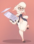 anthro big_glasses bottomless bottomless_anthro bottomless_female breasts casual_exposure clothed clothing cloven_hooves eyewear female glasses hooves looking_away off_shoulder on_one_leg paper solo standing honowyn disney zootopia dawn_bellwether bovid caprine mammal sheep 2022 full-length_portrait hi_res portrait