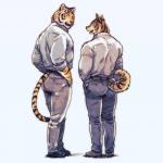 anthro butt butt_pose clothing duo fur kemono male muscular pose simple_background whiskers maririn canid canine canis domestic_dog felid mammal pantherine tiger 1:1 2018 hi_res monochrome