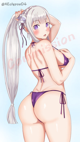 accessory bikini bikini_thong blue_background blush breasts butt clothed clothing female flower flower_in_hair green_pupils grey_hair hair hair_accessory hand_in_hair hand_on_breast humanoid_pointy_ears looking_at_viewer looking_back looking_back_at_viewer not_furry plant pointy_ears ponytail pupils purple_bikini purple_clothing purple_eyes purple_swimwear rear_view side-tie_bikini side_boob simple_background skimpy solo string_bikini swimwear text touching_hair twitter_handle two-piece_swimsuit eclypsea re:zero emilia_(re:zero) elf humanoid 2024 absurd_res artist_name hi_res portrait three-quarter_portrait watermark