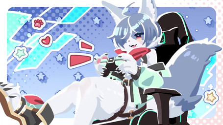 accessory amber_eyes ambiguous_gender anthro belt big_tail clothing controller footwear game_controller gaming_chair garter hair hair_over_eye jacket kerchief mole_under_mouth solo tail toeless_footwear topwear lp8000mao animal_humanoid canid canid_humanoid canine canine_humanoid fox_humanoid humanoid mammal mammal_humanoid 16:9 animated no_sound short_playtime video widescreen
