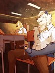 anthro arm_tuft blonde_hair blush bottomwear broken_object chair classroom clothed clothed_male clothing countershading desk duo exhibitionism fully_clothed fully_clothed_male fur furniture genitals green_eyes grey_body grey_fur hair half-erect holding_penis khaki_pants lanyard looking_at_another looking_at_another's_penis male male/male on_chair pants pencil penis public school school_uniform shocked short_hair sitting sitting_on_chair table tan_body tan_fur tuft uniform whisker_spots whiskers white_body white_dress_shirt white_fur white_hair yellow_body yellow_fur ventkazemaru otter_tale marlo_olivar ollie_rios mammal mustelid otter river_otter sea_otter 2025 absurd_res digital_media_(artwork) hi_res shaded watermark