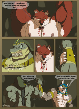 abs anthro armor big_muscles blood bodily_fluids bottomwear bracers brown_body brown_fur clothing dialogue eyes_closed fur green_body green_scales group growling headdress huge_muscles male multicolored_body multicolored_fur multicolored_scales muscular muscular_anthro open_mouth pecs profanity red_body red_fur scales speech_bubble tan_body tan_fur teeth text trio two_tone_body two_tone_fur two_tone_scales white_body white_fur wounded xxsparcoxx egyptian_mythology middle_eastern_mythology mythology sobek sobek_(xxsparcoxx) teofacio_larna wepwawet wepwawet_(xxsparcoxx) canid canine canis crocodile crocodilian fox mammal red_fox reptile scalie true_fox wolf 2020 absurd_res comic digital_media_(artwork) english_text hi_res