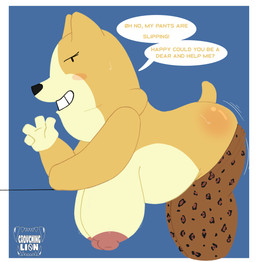 anthro bodily_fluids breasts butt clothing crossgender female leggings legwear sagging_breasts shaking_butt slightly_chubby slightly_chubby_female solo sweat sweatdrop sweaty_breasts sweaty_butt text crouchingli0n dogs_in_space garbage_(dogs_in_space) canid canine canis domestic_dog herding_dog mammal pastoral_dog welsh_corgi english_text hi_res