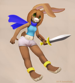 anklet anthro barefoot biped breasts brown_body brown_fur brown_hair clothed clothing feet female fur green_eyes hair holding_melee_weapon holding_object holding_sword holding_weapon jewelry looking_at_viewer melee_weapon midriff navel scarf simple_background smile solo standing sword teeth weapon jamesfoxbr hare lagomorph leporid mammal rabbit 2013 colored digital_media_(artwork) hi_res