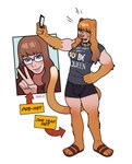 anthro artist_initials bell bell_collar biped bottomwear breasts brown_hair brown_nose bulge clothed clothing collar directional_arrow electronics eyewear female footwear front_view fully_clothed fur fur_growth gender_transformation gesture glasses green_eyes growth hair hand_gesture holding_object holding_phone human_to_anthro looking_at_viewer orange_body orange_eyes orange_fur phone sandals selfie sharp_teeth shirt shoes shorts smile snout solo species_transformation spiked_collar spikes standing t-shirt tail teeth text three-quarter_view topwear transformation v_sign year blackshirtboy felid human lion mammal pantherine 2024 absurd_res colored english_text hi_res shaded trans_(lore)
