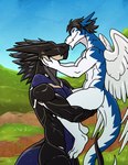 anthro black_body black_hair carrying_another carrying_partner cybernetics duo eyes_closed feathered_wings feathers grass hair horn machine male male/male nude outside plant smile standing tail white_body white_feathers wings nameless00 mythology clei cyborg dragon feathered_dragon feathered_scalie mythological_creature mythological_scalie scalie windragon absurd_res hi_res