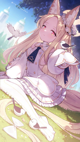 accessory animal_ears bare_shoulders blonde_hair blurred_background blush bow_(feature) clothing dress female fluffy_ears grass group hair hair_accessory hand_between_legs human_and_animal_ears long_hair multi_ear necktie no_shoes pink_eyes plant sitting sleeveless_dress smile striped_pantyhose white_clothing white_dress young young_female young_humanoid yuwapie blue_archive nexon seia_(blue_archive) animal_humanoid avian bird canid canid_humanoid canine canine_humanoid fox_humanoid humanoid mammal mammal_humanoid 9:16 hi_res