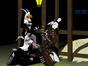 anthro bodily_fluids bound chain chained cum cumshot dark dominant dominant_female ejaculation female genital_fluids male male/female nun submissive submissive_male setmann123 bovid caprine equid equine goat horse mammal hi_res