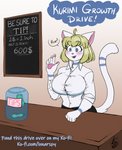 ahoge anthro big_breasts blonde_hair blush breast_expansion breasts chalkboard container cute_fangs dialogue expansion fangs female fur growth_drive hair information_board jar long_tail money paws short_hair smile solo tail teeth text tip_jar tipping transformation white_body white_fur lunarspy kurimi_(lunarspy) domestic_cat felid feline felis mammal absurd_res english_text hi_res