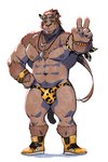 2021 abs anthro armband beard biceps black_sclera brown_body brown_fur brown_hair bulge claws clothed clothing eyewear eyewear_on_head facial_hair fangs felid final_fantasy final_fantasy_xiv finger_claws footwear front_view fur gesture hair hand_gesture hand_on_hip hi_res hrothgar jewelry looking_at_viewer male mammal muscular muscular_anthro muscular_male necklace nipples pecs pinup pose quads sharp_teeth shoes simple_background skimpy solo speedo square_enix standing sunglasses sunglasses_on_head swimwear taoren teeth triceps v_sign white_background wristband yellow_eyes