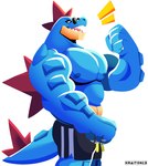 4_fingers abs anthro biceps big_muscles blue_body bottomwear clothed clothing eyewear fingers flexing male muscular muscular_anthro muscular_male nipples pecs sharp_teeth shorts simple_background smile solo sunglasses tail teeth kraiton13 nintendo pokemon crocodilian feraligatr generation_2_pokemon pokemon_(species) reptile scalie absurd_res digital_media_(artwork) hi_res