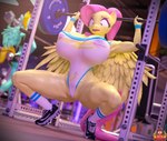 3d_(artwork) anthro anthrofied barbell big_breasts breasts crouching digital_media_(artwork) duo equid equine exercise female fluttershy_(mlp) forsaken_(artist) friendship_is_magic glistening glistening_body gym hair hasbro hi_res lightning_dust_(mlp) mammal my_little_pony mythological_creature mythological_equine mythology pegasus pink_hair spread_legs spreading weightlifting wings workout