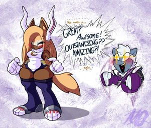 5_fingers anthro biped black_nose black_text blue_boots blue_clothing blue_footwear blue_leotard blush blush_lines bodily_fluids boots breasts brown_body brown_fur brown_inner_ear clothed clothed_anthro clothed_female clothing coat color_coded_text cosplay crossover_cosplay dialogue duo embarrassed excited eyelashes eyes_closed fake_ears fake_rabbit_ears female female/female female_anthro fingers fist footwear fur gloves grey_body grey_boots grey_clothing grey_ears grey_footwear grey_fur grey_text hair handwear legwear leotard long_hair looking_down looking_down_at_self medium_breasts mitten_hands motion_lines multicolored_body multicolored_boots multicolored_clothing multicolored_coat multicolored_footwear multicolored_fur multicolored_leotard multicolored_topwear navel_outline nervous nervous_sweat open_mouth open_smile pointy_ears prick_ears purple_clothing purple_coat purple_topwear shoes side_boob smile solo_focus speech_bubble standing sweat tail talking_to_another tan_body tan_ears tan_fur tan_hair tan_tail tan_text teeth text thick_thighs thigh_boots thigh_highs topwear two_tone_body two_tone_fur voice_actor_joke white_body white_boots white_clothing white_coat white_footwear white_fur white_gloves white_handwear white_leotard white_topwear wide_eyed wide_hips yelling yellow_clothing yellow_leotard meryo freedom_planet galaxytrail idw_publishing my_hero_academia sega sonic_the_hedgehog_(comics) sonic_the_hedgehog_(idw) sonic_the_hedgehog_(series) neera_li rumi_usagiyama tangle_the_lemur whisper_the_wolf canid canine canis lemur mammal primate ring-tailed_lemur strepsirrhine wolf 2026 crossover handwritten_text hi_res