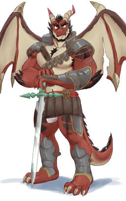 anthro arm_scar arm_spikes armor armpit_hair beard body_hair chest_hair chest_tuft claws elbow_spikes facial_hair finger_claws horn male melee_weapon muscular muscular_anthro muscular_male red_body scar shoulder_armor simple_background solo spiked_tail spikes spikes_(anatomy) standing sword tail toe_claws torn_wing tuft weapon wings beastsauc3 mythology vallhant_(beastsauc3) dragon mythological_creature mythological_scalie scalie absurd_res hi_res