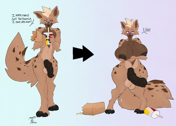 animal_genitalia animal_penis anthro balls before_and_after big_breasts blonde_hair breast_growth breasts brown_body brown_fur dialogue drinking equine_genitalia equine_penis erection expansion eyewear fur gender_transformation genitals glasses growth gynomorph hair hand_on_breast huge_breasts intersex male mtg_transformation mti_transformation nipples nude penis round_glasses simple_background solo standing surprised tail text thigh_expansion transformation wide_hips lofiflavors yogoat book-eater_(wolfman74) gnoll hyena mammal 2023 digital_media_(artwork) english_text hi_res herm_(lore)