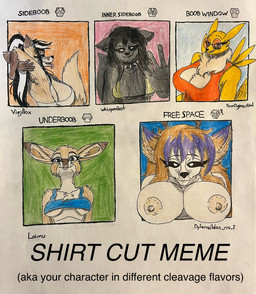 anthro antlers areola areola_slip arm_tuft big_breasts bikini bikini_top blue_eyes breasts chest_tuft cleavage cleavage_cutout clothed clothing collar collarbone crop_top cutout eyewear facial_markings female freckled_face freckles glasses group hair hand_outstretched hands_behind_head head_markings horn inner_boob mane markings montgomery_glands multicolored_hair nipples nude partially_clothed ponytail purple_eyes scraggy_hair shirt shit_eating_grin shoulder_blades shoulder_tuft side_boob simple_background small_breasts spiked_collar spikes sweater swimwear tank_top text tinted_glasses tongue tongue_out topwear tuft two-piece_swimsuit under_boob virgin_killer_sweater dylanaildon_no_2 bandai_namco digimon meme_clothing shirt_cut_meme digi_(yourdigimongirl) elizabeth_fox loimu_(character) sami_(whisperfoot) tirisk_(dylanaildon_no_2) canid canine canis deer digimon_(species) forest_spirit fox humanoid mammal renamon wolf hi_res meme shaded traditional_media_(artwork)