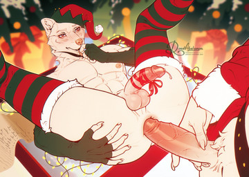 anal anal_penetration anthro anus bdsm bodily_fluids bondage bound bow_ribbon butt butt_focus christmas_clothing christmas_decorations christmas_present clothing costume dripping duo erection femboy festival_clothing fur genital_fluids genitals gift glans gloves handwear hat headgear headwear heart_eyes heart_symbol holding_butt holiday_clothing holidays legwear looking_at_another male male/male male_penetrated male_penetrating male_penetrating_male nipples pattern_clothing pattern_legwear pattern_stockings penetration penile penile_penetration penis penis_bondage penis_in_ass pink_penis precum precum_drip precum_on_penis red_eyes saliva saliva_drip santa_costume sex simple_background solo_focus spread_legs spreading stockings striped_clothing striped_legwear striped_stockings stripes tan_body tan_fur text vein veiny_penis road~abelgeym christmas canid canine christmas_elf mammal xmas_elf hi_res url