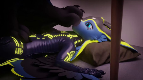4_ears ahegao anthro black_body blue_body blue_eyes claws clothing drone dronesuit feathered_wings feathers feet foot_fetish foot_focus foot_lick foot_play footjob glowing glowing_body glowing_markings latex latex_clothing latex_skinsuit licking looking_pleasured lying lying_on_ground male male/male markings multi_ear musk null_bulge on_back on_ground open_mouth pawpads paws pillow rubbing sex size_difference skinsuit spiri'vali tail tail_feathers tail_motion tailwag tight_clothing toes tongue tongue_out under_table winged_arms wings yellow_body kaanavali hiyu_(modeler) avali avian canid canine fox mammal vulper 16:9 3d_(artwork) 3d_animation animated blender_(artwork) blender_cycles_(artwork) digital_media_(artwork) hi_res long_playtime loop no_sound video widescreen
