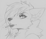 anthro cigarette close-up eyelashes eyeliner female hair hair_over_eye inner_ear_fluff lipstick long_hair looking_at_viewer makeup neck_tuft one_eye_obstructed simple_background smoking solo tuft white_background lockworkorange penance_(evir) canid canine mammal greyscale monochrome signature sketch traditional_media_(artwork)