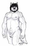 5_fingers anthro beard belly_fluff biped black_hair facial_hair fingers flaccid foreskin genitals hair humanoid_genitalia humanoid_penis male nipples partially_retracted_foreskin penis simple_background solo standing baraking canid canine canis domestic_dog mammal graphite_(artwork) hi_res mixed_media monochrome pen_(artwork) pencil_(artwork) traditional_media_(artwork)