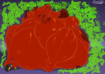 ambiguous_anthro ambiguous_gender anthro anthro_prey belly belly_markings belly_on_ground belly_tattoo big_belly big_butt big_ears biped black_body black_ears black_face black_hair black_nose black_scales black_text bodily_noises body_outline bracelet bracelet_only breast_imprints butt butt_grab calling_for_help churn clenched_teeth closed_frown constricted_pupils curved_text dark_eyeshadow dark_markings dark_sclera digestion digestion_noises distorted_text dot_nose duo eyelashes eyeshadow face_imprint face_in_ass facesitting facial_markings female female_anthro female_humanoid female_pred female_prey fingers foot_imprint forehead_markings forehead_tattoo frown frowning_at_another fully_inside glistening glistening_belly glistening_body glistening_ears glistening_eyelids glistening_face glistening_skin glistening_tail green_eyes green_sclera green_text hair half-closed_eyes hand_imprint hand_on_butt hand_on_own_butt head_markings huge_belly huge_butt humanoid_pointy_ears humanoid_pred hyper hyper_belly imprint jewelry looking_at_another looking_down looking_down_at_another lying lying_on_ground makeup markings monotone_arms monotone_body monotone_skin monotone_tail moon_(marking) motion_lines mouth_closed muffled narrowed_eyes navel nude nude_female nude_humanoid on_back on_ground onomatopoeia pinned pinned_by_body pinned_to_ground pointy_ears pupils red_arms red_belly red_body red_ears red_face red_hands red_skin red_tail rumbling_stomach scales short_stack shortened_sound_effect simple_background sitting sitting_on_another size_difference small_pupils smaller_female smaller_humanoid smaller_pred soft_vore sound_effect_variant sound_effects spade_tail tail tattoo tear_(marking) teeth text tight_belly unimpressed unseen_prey unwilling_prey vore vowelless vowelless_sound_effect vowelless_vocalization warped_text white_pupils wide_hips yellow_bracelet yellow_inner_ear starstrikex mythology dismay_(starstrikex) demon demon_humanoid dragon humanoid imp mythological_creature mythological_scalie scalie tailed_humanoid 2025 absurd_res artist_name digital_media_(artwork) english_description english_text hi_res shaded soft_shading