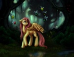 blue_eyes cutie_mark detailed_background everfree_forest feathered_wings feathers female feral forest grass green_eyes group hair insect_wings nature outside pink_hair plant quadruped red_eyes tail tree wings yellow_body yellow_feathers nyarmarr friendship_is_magic hasbro my_little_pony mythology fluttershy_(mlp) arthropod equid equine insect mammal mythological_creature mythological_equine parasprite_(mlp) pegasus 2012