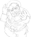 anthro belly bottomwear clothing eyewear glasses hat headgear headwear humanoid_hands kemono male pants shirt simple_background slightly_chubby solo tongue tongue_out topwear white_background train_(artist) lifewonders tokyo_afterschool_summoners volos_(tas) bear mammal 2018 monochrome