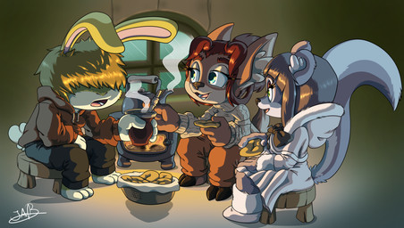 anthro bread fashionista female fireplace fluffy fluffy_ears fluffy_tail food group hair hooves kettle long_ears long_hair long_tail male mate_(beverage) raining red_hair sitting steam tail winter turkojar asiri_gavil isa_sturmi tilian_pinatre deer lagomorph leporid mammal mephitid rabbit skunk hi_res