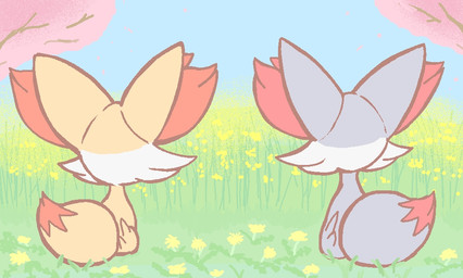 ambiguous_feral ambiguous_gender detailed_background digitigrade duo feral flower grass outside plant quadruped rear_view sitting tree gd-058 nintendo pokemon canid fennekin generation_6_pokemon mammal pokemon_(species) shiny_pokemon 2019 aliasing binary_drawing digital_drawing_(artwork) digital_media_(artwork) flat_colors japanese_description translated_description