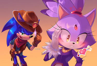 alternate_costume anthro averting_eyes blush clothing cowboy_hat cowboy_outfit duo female gloves green_eyes handwear hat headgear headwear heart_symbol hero kerchief male male/female princess romantic romantic_ambiance romantic_couple royalty tipping_hat yellow_eyes smilesfps oh_no_he's_hot_(meme) sega sonic_the_hedgehog_(series) blaze_the_cat sonic_the_hedgehog domestic_cat eulipotyphlan felid feline felis hedgehog mammal hi_res