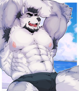 abs anthro areola armpit_hair beard black_clothing black_hair black_speedo black_swimwear blue_eyes blue_sky body_hair clothed clothing cloud day eyebrows facial_hair gloves_(marking) hair hands_behind_head male markings muscular muscular_anthro muscular_male navel nipples obliques open_mouth pecs sea serratus sky solo speedo speedo_only swimwear topless topless_male water nattosuay logan_mcgrath canid canine canis mammal wolf 2023 hi_res