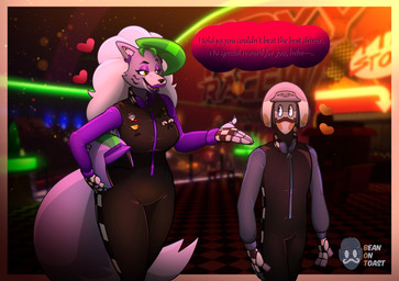 anthro badge bedroom_eyes big_breasts blush breasts clothing dialogue duo facial_hair female fingerless_gloves fingers flirting gloves grey_body grey_hair hair handwear high_collar lipstick machine makeup male mustache narrowed_eyes purple_lipstick racing_helmet racing_suit seductive size_difference tail text thick_thighs tight_clothing zipper_jumpsuit beanontoast five_nights_at_freddy's five_nights_at_freddy's:_security_breach scottgames steel_wool_studios roxanne_wolf s.t.a.f.f._bot_(fnaf) animatronic canid canine canis humanoid mammal robot robot_humanoid wolf 2026 digital_media_(artwork) english_text hi_res