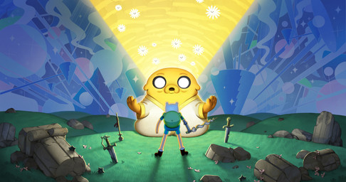 ambiguous_gender anthro backpack bottomwear clothed clothing detailed_background duo floppy_ears footwear glowing grass hat headgear headwear holding_melee_weapon holding_object holding_sword holding_weapon melee_weapon on_model outside plant rock shirt shoes shorts sword toony topwear weapon yellow_body hanna_k._nystrom joy_ang adventure_time cartoon_network finn_the_human jake_the_dog canid canine canis domestic_dog human mammal official_art adopted_(lore) adoptive_brother_(lore) adoptive_brothers_(lore) adoptive_sibling_(lore)