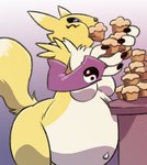 anthro belly big_belly female food fur inflation muffin overweight simple_background solo stuffing yellow_body yellow_fur krystalvix bandai_namco digimon digimon_(species) renamon 2024