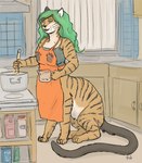 apron black_nose black_tail bottomless breasts clothed clothing cooking female fur green_eyes green_hair hair orange_body orange_fur shirt solo striped_body striped_fur stripes tail tank_top topwear sethtriggs chakat_blacktail chakat felid felid_taur mammal mammal_taur pantherine pantherine_taur taur tiger tiger_taur 2013