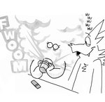 anthro cloud container cup duo female floating_eyes laughing_at looking_at_another looking_at_viewer male smoke vape_pen twistcmyk twist_(twistcmyk) canid canine canis domestic_dog mammal absurd_res hi_res monochrome