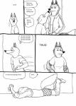 anthro bernielover canid canine canis clothing comic disney duo english_text excited fur hi_res humor licking male mammal monochrome officer_wolfard simple_background speech_bubble submissive text tongue tongue_out undressing wardrobe_malfunction white_background wolf zootopia