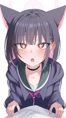 accessory arms_bent black_choker black_clothing black_hair black_jacket black_jewelry black_necklace black_topwear blush bodily_fluids breasts choker clothing collarbone excited female first_person_view glistening glistening_hair hair hair_accessory halo jacket jewelry medium_breasts multi_ear multicolored_hair necklace open_mouth pink_hair red_eyes short_hair simple_background sparkles sparkling_eyes sweat topwear two_tone_hair white_background wdwendao blue_archive nexon kazusa_kyoyama animal_humanoid cat_humanoid felid felid_humanoid feline feline_humanoid humanoid mammal mammal_humanoid absurd_res hi_res