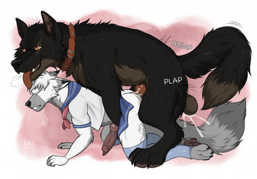 all_fours anal anal_penetration anthro anthro_on_feral anthro_penetrated balls bestiality bodily_fluids bottomwear clothed clothed_anthro clothing collar crossdressing cum cum_in_ass cum_inside duo erection eye_roll eye_scar facial_scar fangs feral feral_penetrating feral_penetrating_anthro from_behind_position genital_fluids genitals legwear male male/male male_penetrated male_penetrating male_penetrating_male mating_grip motion_lines mounting open_mouth paws penetration penile penile_penetration penis_in_ass plap sailor_uniform scar sex shirt side_view size_difference skirt smaller_anthro smaller_penetrated snout sound_effects stockings tail teeth text tongue tongue_out topwear uniform mataki23 canid canine canis mammal wolf colored digital_drawing_(artwork) digital_media_(artwork) hi_res shaded