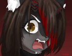 anthro black_hair black_horn broken_horn brown_eyes collar female fur grey_body grey_fur hair horn looking_at_viewer open_mouth red_hair red_horn simple_background solo teeth text tongue white_body white_fur crybitur cygames uma_musume_pretty_derby special_week_(pretty_derby) suwyzid canid canine canis felid hybrid mammal wolf english_text hi_res