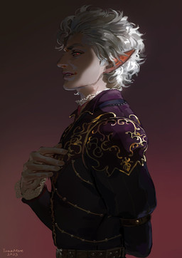 clothing fangs frilly frilly_clothing grin hair humanoid_pointy_ears male not_furry pointy_ears red_eyes side_view smile solo teeth white_hair janemere baldur's_gate baldur's_gate_3 bioware dungeons_and_dragons electronic_arts hasbro larian_studios wizards_of_the_coast astarion_(baldur's_gate) elf human humanoid mammal vampire hi_res