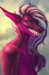 anthro bared_teeth breasts female gills grimace grin hair pink_eyes simple_background smile solo teeth white_hair silgiriya_mantsugosi discardingsabot raisey_schneider fish marine scalie shark 2022 bust_portrait detailed digital_media_(artwork) hi_res portrait