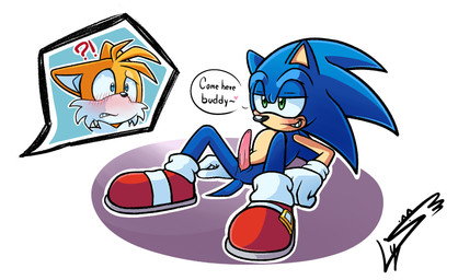 anthro big_eyes big_head blush conjoined_eyes dialogue duo erection genitals interrobang inviting male male/male naughty_face penis tapering_penis text toony lyslash sega sonic_the_hedgehog_(series) miles_prower sonic_the_hedgehog canid canine eulipotyphlan fox hedgehog mammal english_text hi_res