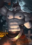 abs anthro arm_wraps barazoku bedroom_eyes biceps big_muscles bottomwear claws clothed clothing condom fence food front_view fruit full_moon fur holding_condom holding_object holidays huge_muscles jack-o'-lantern licking licking_lips licking_own_lips looking_at_viewer male moon muscular muscular_anthro muscular_male narrowed_eyes navel night nipples obliques open_mouth open_smile outside pants pecs plant pumpkin seductive serratus sexual_barrier_device sickle sky smile solo standing star starry_sky teeth text tongue tongue_out topless topless_anthro topless_male tree tuft wraps earthist dreamworks halloween puss_in_boots_(franchise) death_(puss_in_boots) canid canine canis mammal wolf 2023 absurd_res english_text hi_res