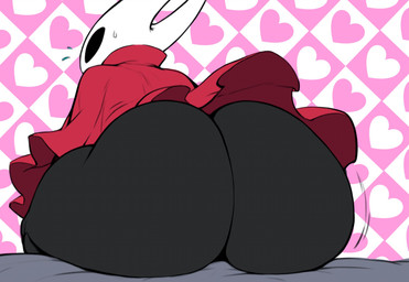 big_butt bodily_fluids butt butt_focus butt_jiggle cloak cloak_only clothed clothing exoskeleton female heart_background heart_symbol huge_butt jiggling looking_at_viewer looking_back low-angle_view motion_lines red_cloak red_clothing simple_background sitting solo surprised sweat sweatdrop thick_thighs wide_hips paraiiaxfused hollow_knight_(franchise) team_cherry hornet_(hollow_knight) arthropod hi_res